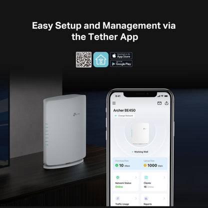 TP-Link Archer BE450 WiFi 7 Router BE7200 ved smartphone med Tether App, App Store og Google Play ikoner, "op til 10 Gbps.