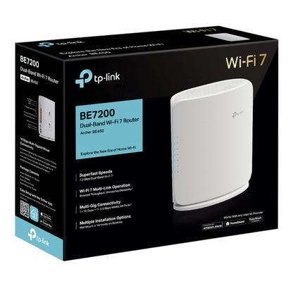 TP-Link Archer BE450 WiFi 7 router BE7200, dual-band op til 7,2 Gbps, multi-link, multi-gig porte.