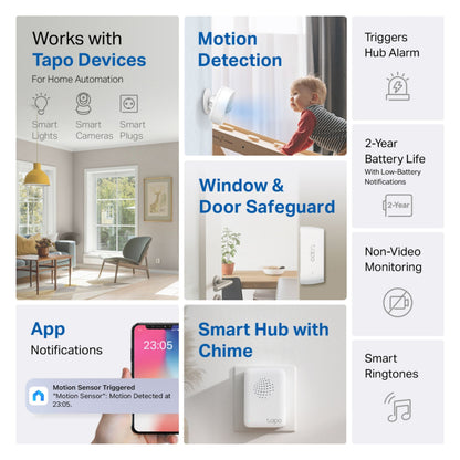 TP-Link Tapo T30 KIT smarte sensorer med app-notifikationer, hub-chime, døralarm, vinduesalarm, 2 års batteri.