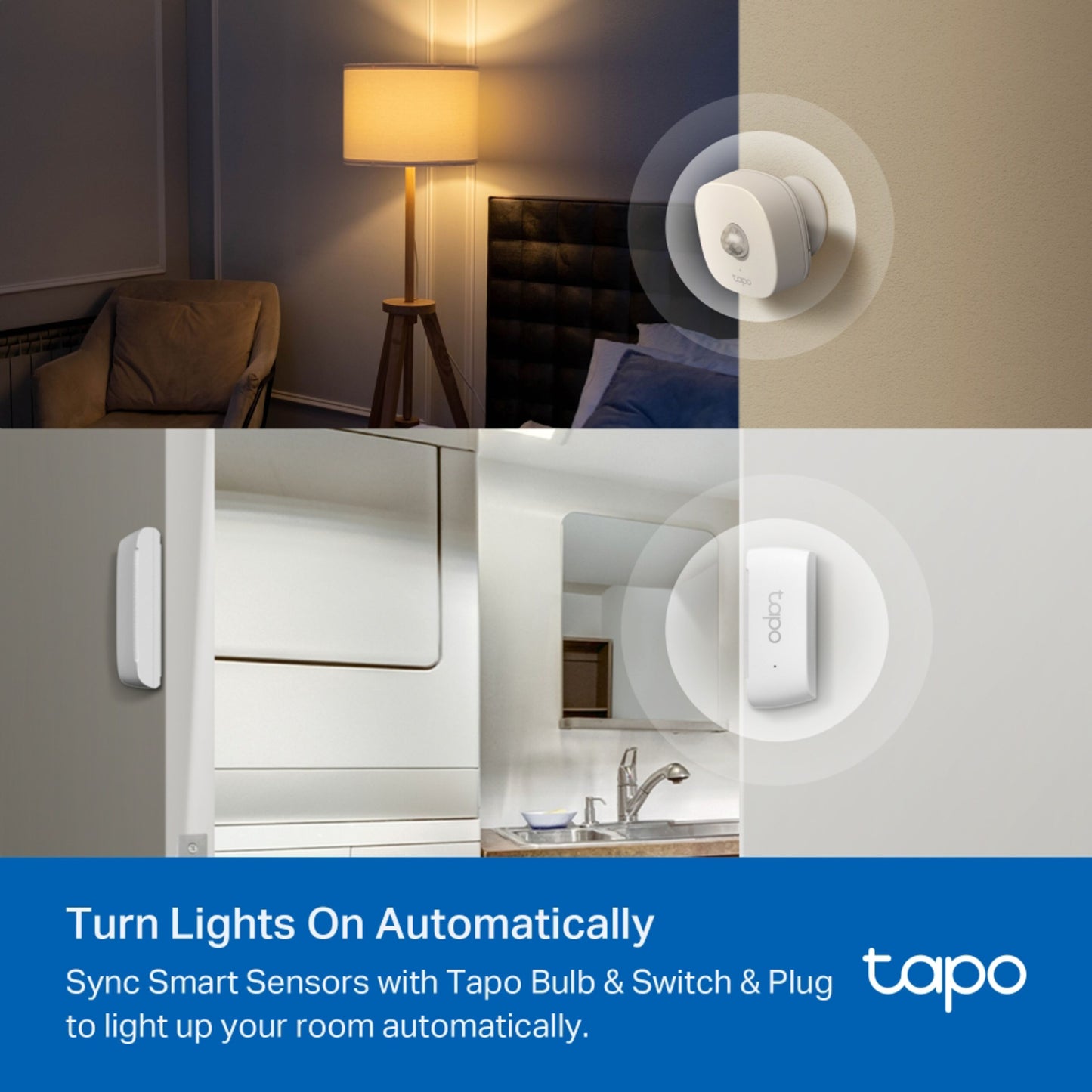 TP-Link Tapo T30 KIT smarte sensorer synk til pærer og stik til smart home overvågning og automatisk belysning.