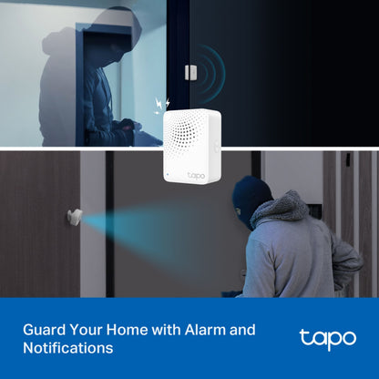 TP-Link Tapo T30 KIT smart sensorer aktiverer alarm ved bevægelse, opdagelse af indbrudstyv nat, smart home-overvågning.