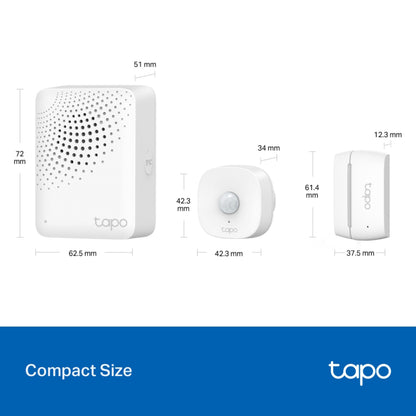 TP-Link Tapo T30 KIT hub 62,5x72x51mm bevægelsessensor 42,3x42,3mm dør-/vinduesensor 37,5x61,4x12,3mm blå banner.