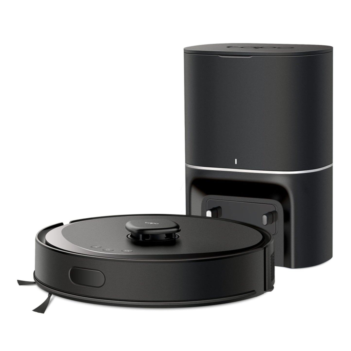 TP-Link Tapo RV30 Max Plus sort robotstøvsuger med MagSlim LIDAR+ foran matchende oplader- og selvtømmende dock.