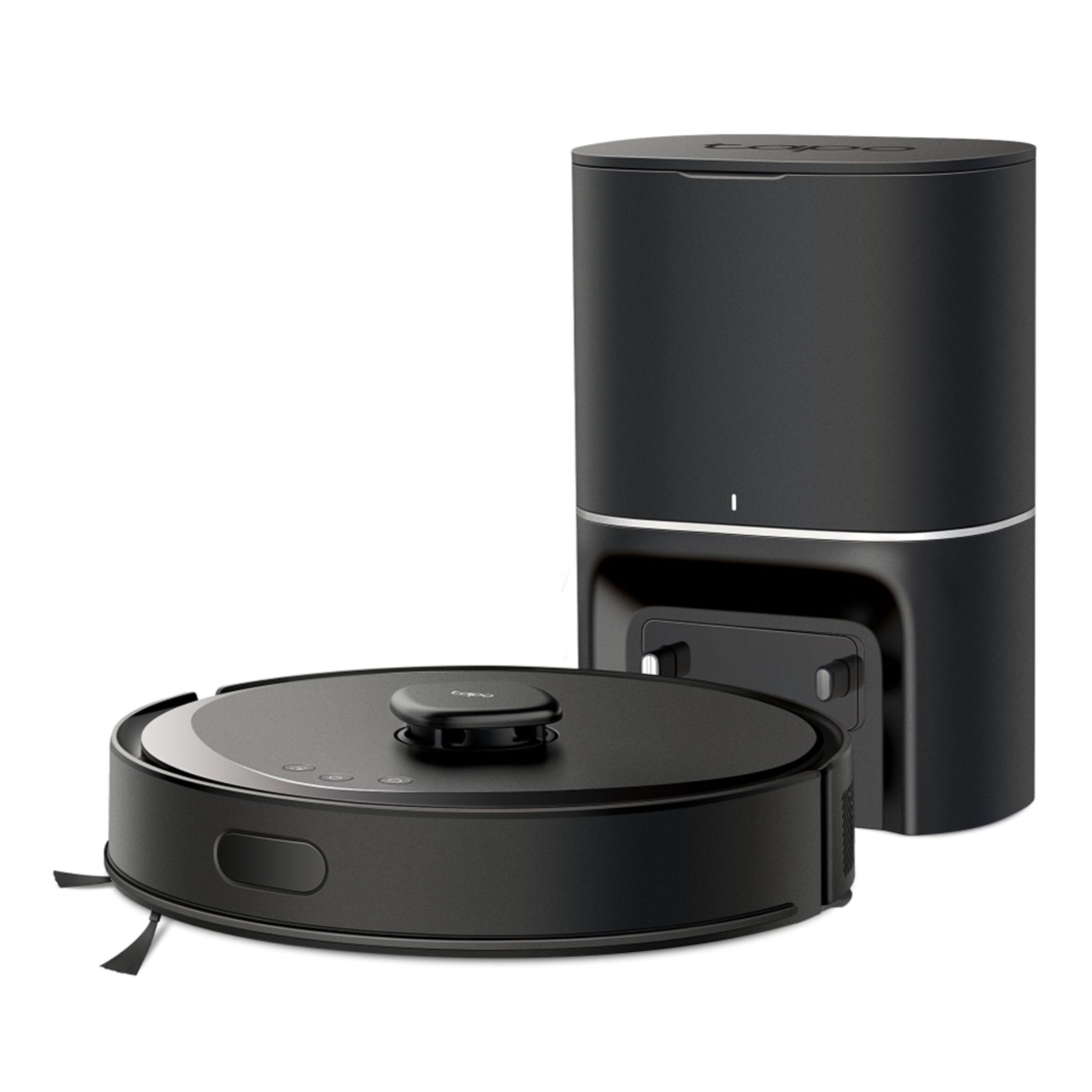 TP-Link Tapo RV30 Max Plus sort robotstøvsuger med MagSlim LIDAR+ foran matchende oplader- og selvtømmende dock.