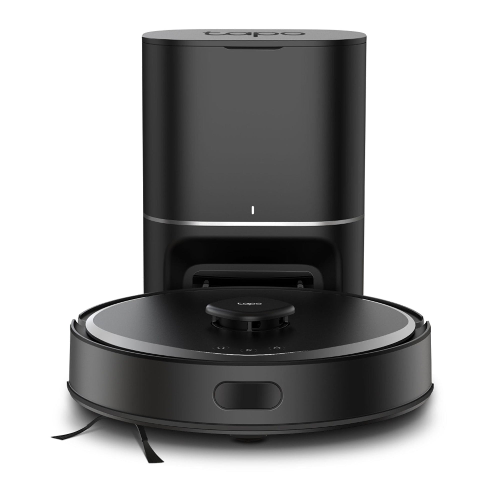 Tapo RV30 Max Plus robotstøvsuger sort med MagSlim LIDAR+ navigation og basestation til opladning og tømning.