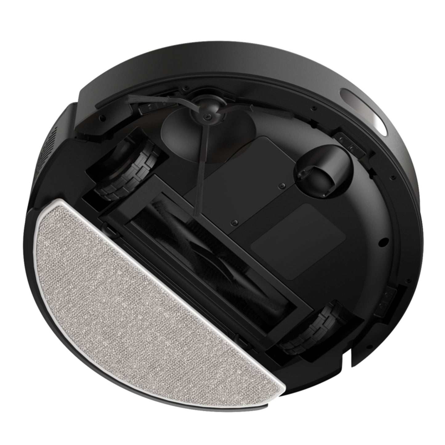 Bund af Tapo RV30 Max Plus med hjul, børste, MagSlim LIDAR+ sensor og stor stofbeklædt moppepad.