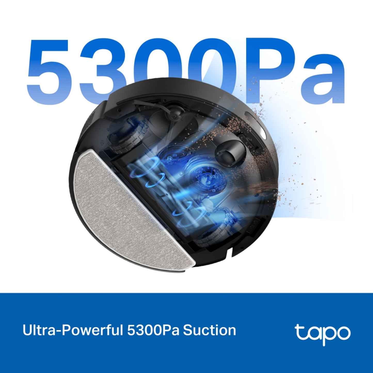 Tapo RV30 Max Plus robotstøvsuger blå, 5300Pa sugeevne, MagSlim LIDAR+, teksten "TP-Link Tapo RV30 Max Plus" og "tapo.