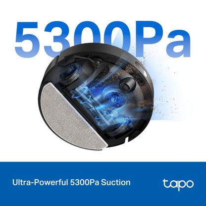 Tapo RV30 Max Plus robotstøvsuger blå, 5300Pa sugeevne, MagSlim LIDAR+, teksten "TP-Link Tapo RV30 Max Plus" og "tapo.