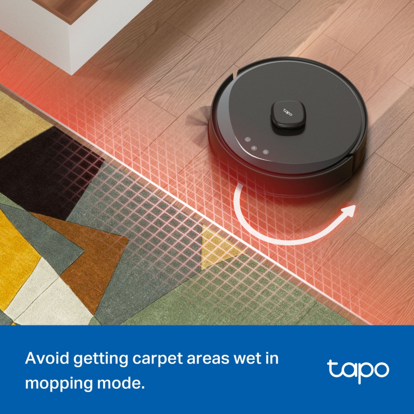 TP-Link Tapo RV30 Max Plus robotstøvsuger med MagSlim LIDAR+ navigation, undgår tæppe ved gulvvask, TP-Link logo, tekstvisning.