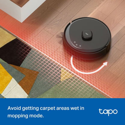 TP-Link Tapo RV30 Max Plus robotstøvsuger med MagSlim LIDAR+ navigation, undgår tæppe ved gulvvask, TP-Link logo, tekstvisning.