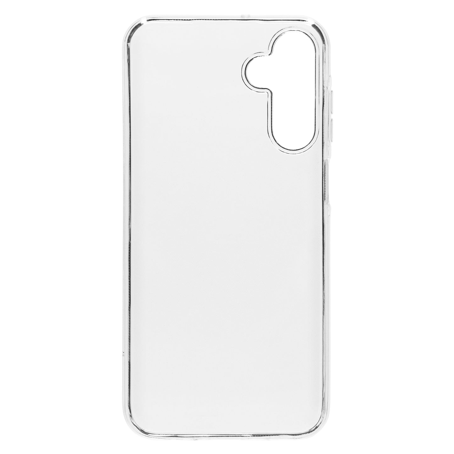 Linocell Andet cover til Galaxy A15, transparent og fleksibelt med udskæringer til kamera og knapper, står oprejst.