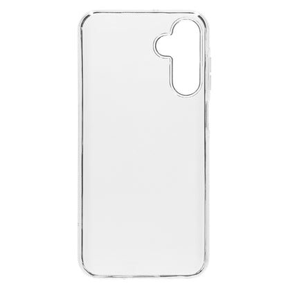 Linocell Andet cover til Galaxy A15, transparent og fleksibelt med udskæringer til kamera og knapper, står oprejst.