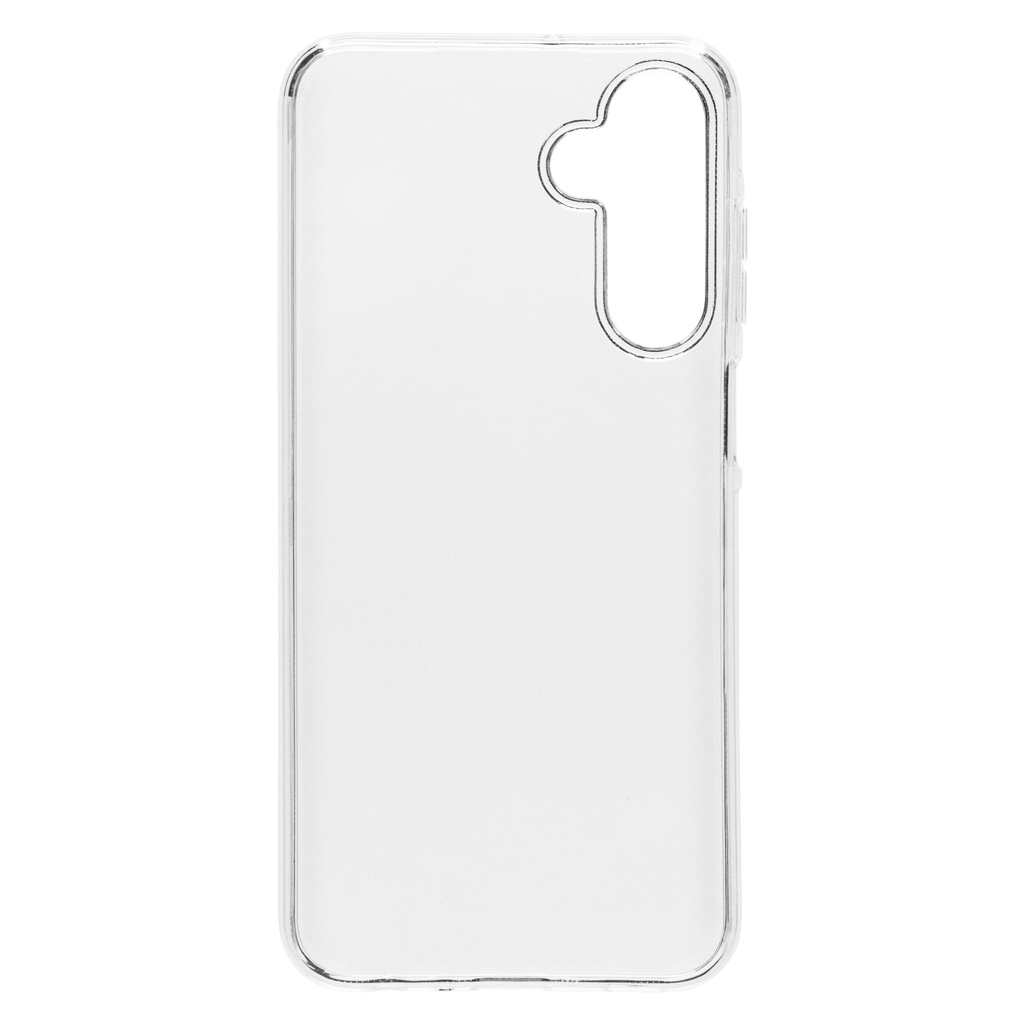Transparent mobilcover til Samsung Galaxy A25 med præcise udskæringer til kamera og knapper samt afrundede kanter.