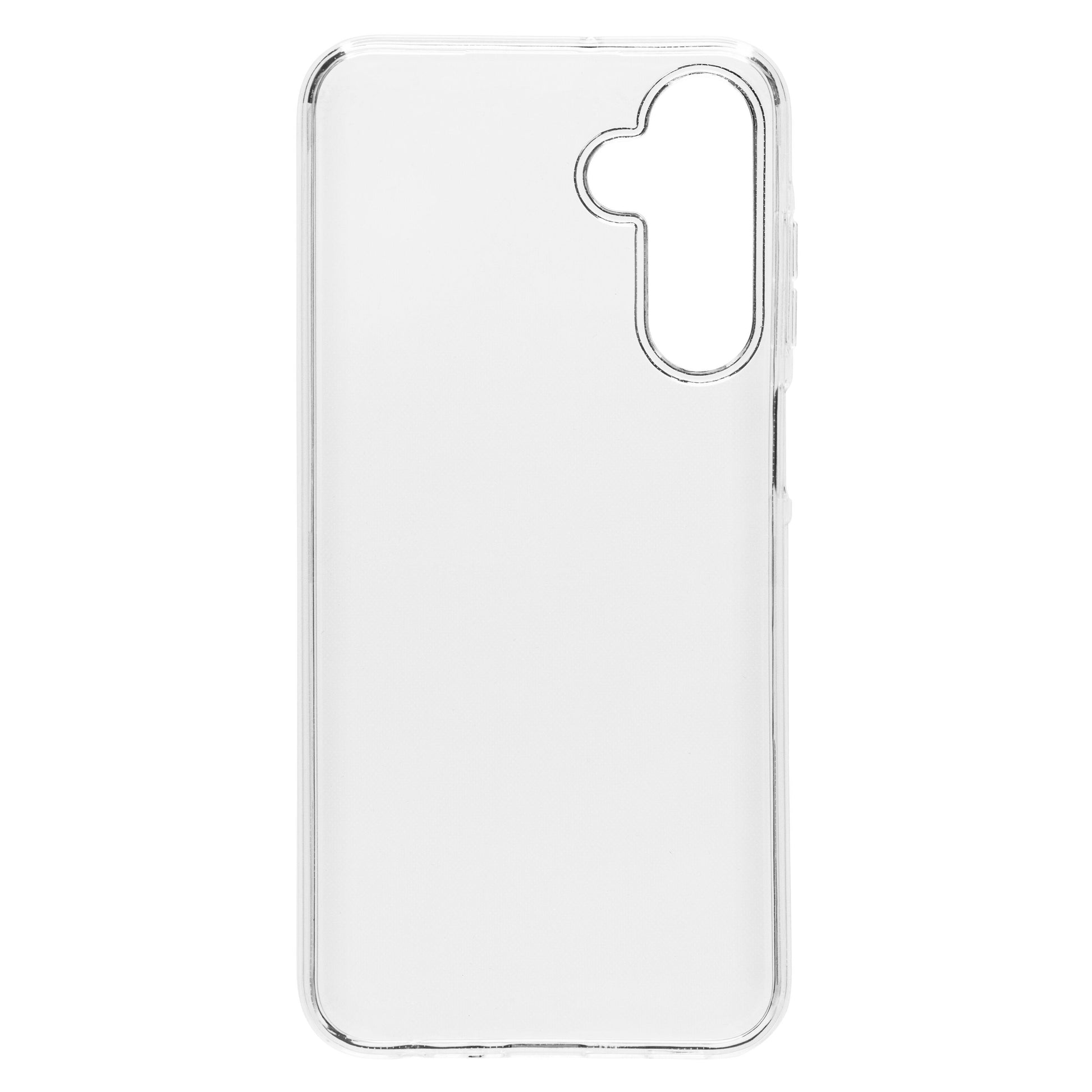Transparent mobilcover til Samsung Galaxy A25 med præcise udskæringer til kamera og knapper samt afrundede kanter.