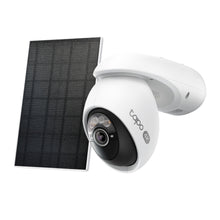 TP-Link Tapo C660 KIT solcelledrevet 4K overvågningskamera med sort rektangulært solpanel.