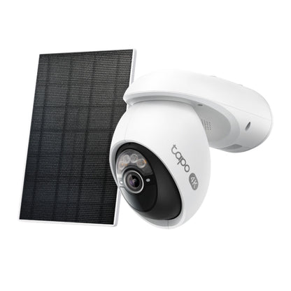 TP-Link Tapo C660 KIT solcelledrevet 4K overvågningskamera med sort rektangulært solpanel.