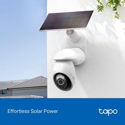 TP-Link Tapo C660 KIT solcelledrevet 4K overvågningskamera med AI-sporing og solpanel, TP-Link logo og tekst Effortless Solar Power.