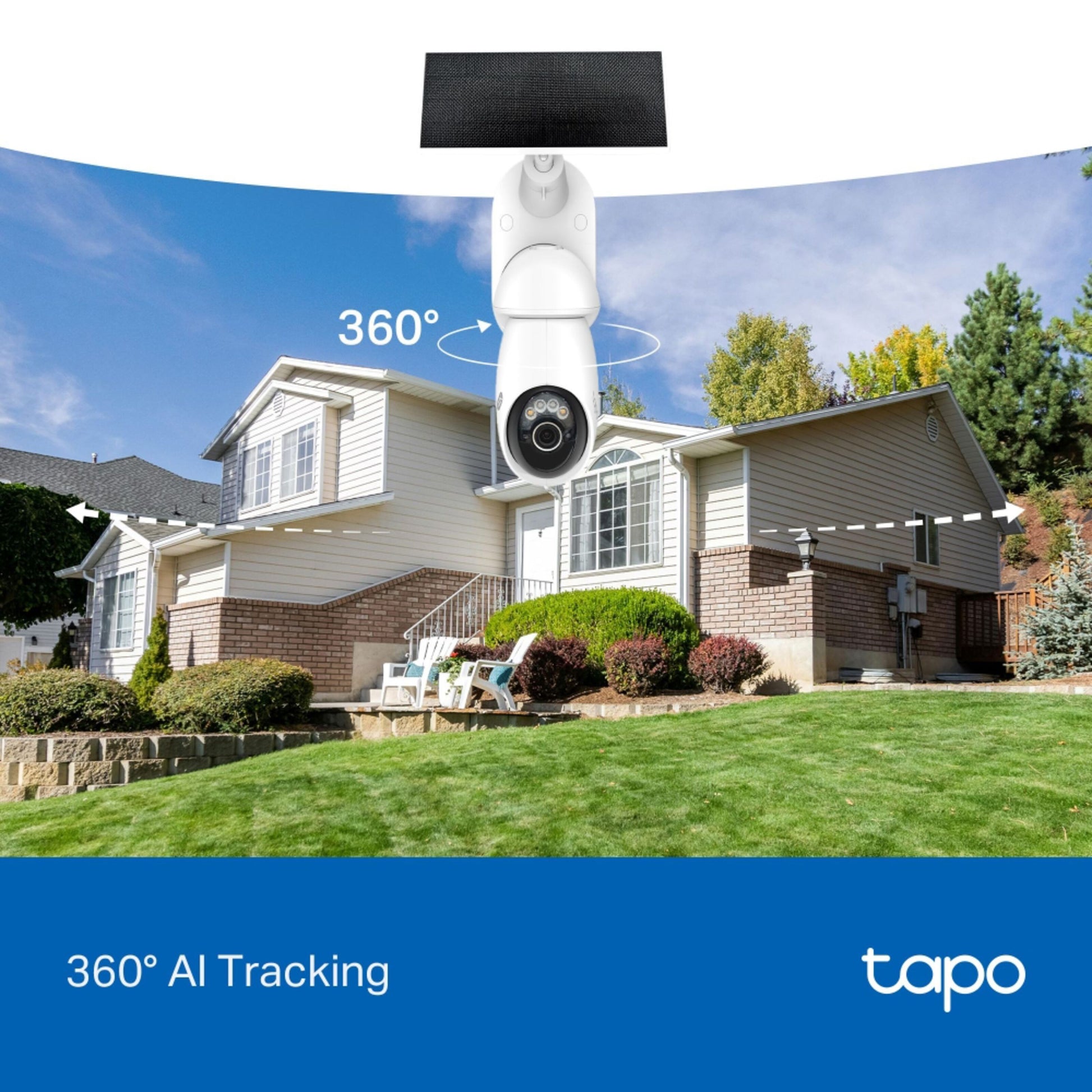 Tapo C660 KIT solcelledrevet 4K overvågningskamera med pil der viser 360° AI Tracking, tekst: 360° AI-sporing tapo.