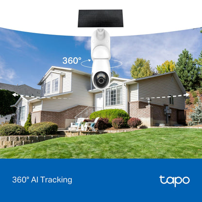 Tapo C660 KIT solcelledrevet 4K overvågningskamera med pil der viser 360° AI Tracking, tekst: 360° AI-sporing tapo.