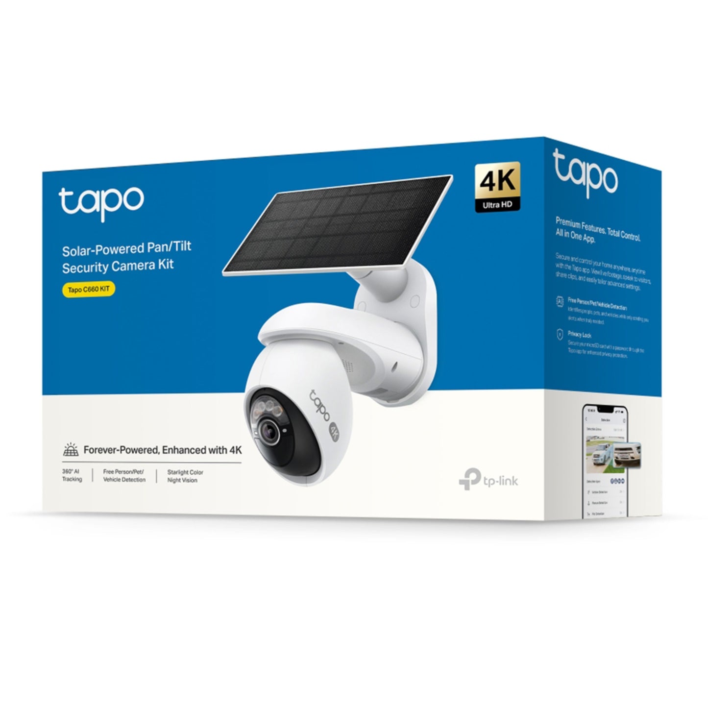 TP-Link Tapo C660 KIT solcelledrevet 4K overvågningskamera med AI-sporing og starlight farve-natvision.