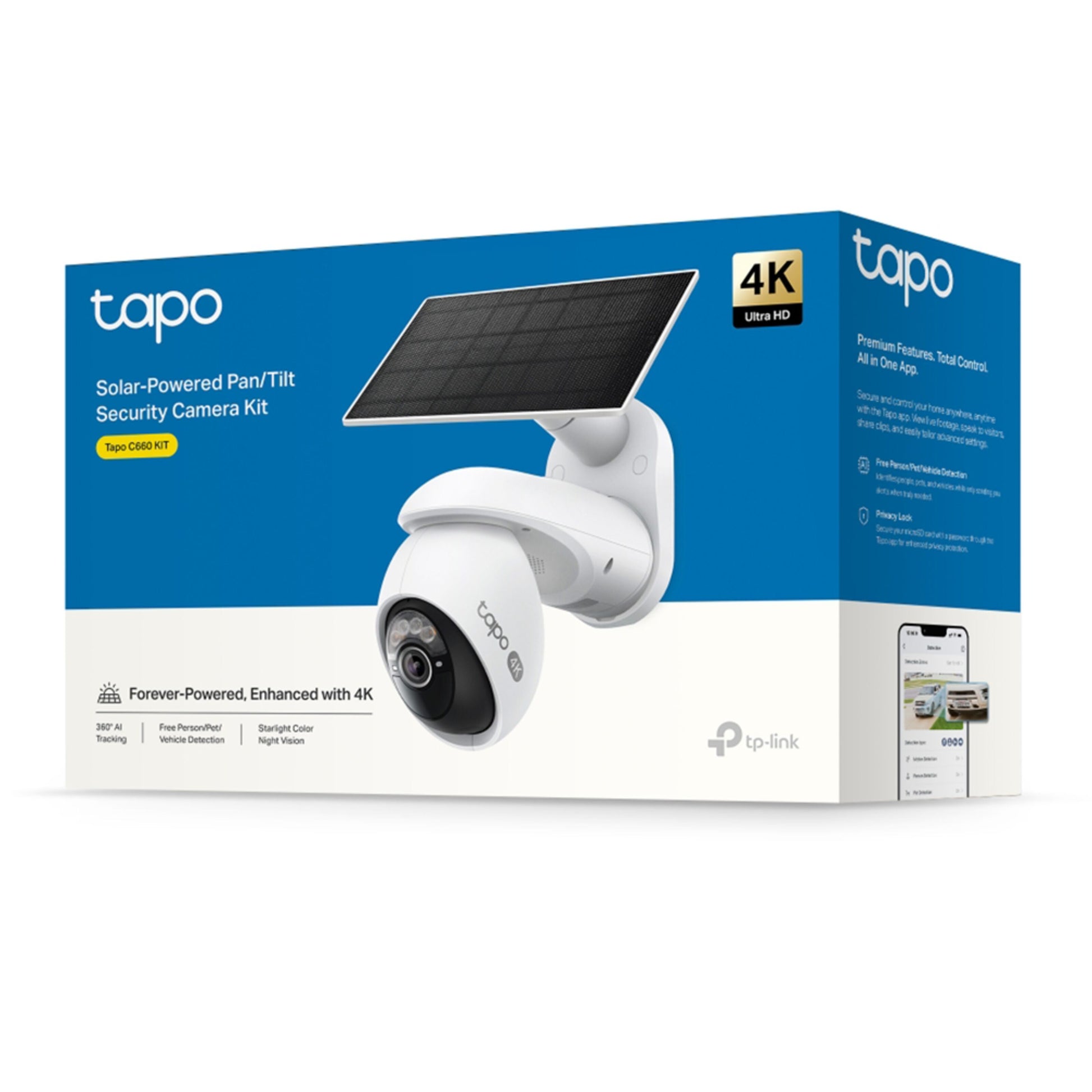 TP-Link Tapo C660 KIT solcelledrevet 4K overvågningskamera med AI-sporing og starlight farve-natvision.