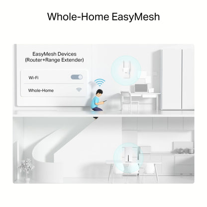 TP-Link Archer NX500 Trådløs Router 5G AX3000 og range extender leverer Wi-Fi på to etager, person bruger tablet.