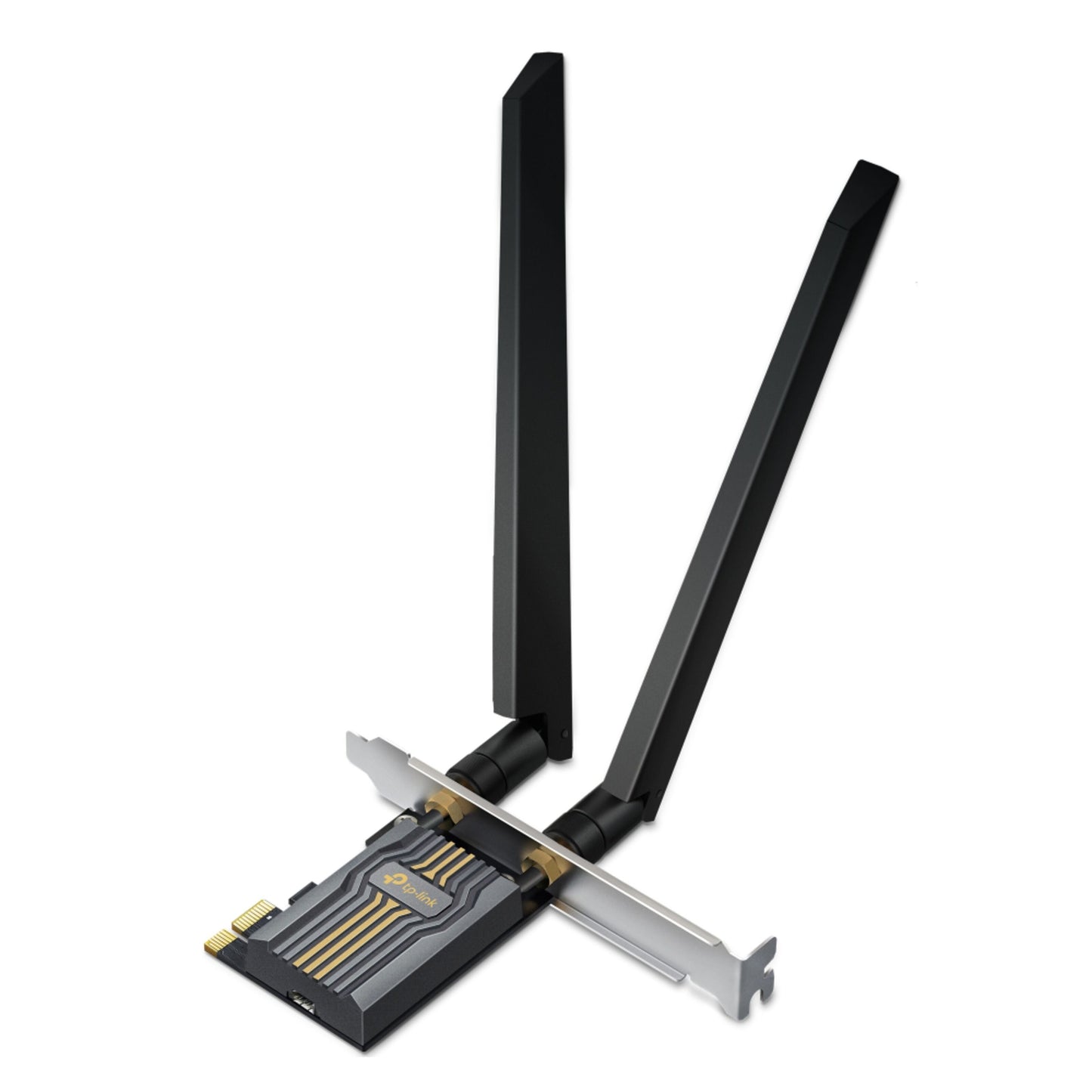 TP-Link Archer TBE400E Wi-Fi 7 PCIe netværkskort sort, to eksterne antenner, metalbeslag, tri-band, gulddetaljer.