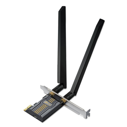 TP-Link Archer TBE400E Wi-Fi 7 PCIe netværkskort sort, to eksterne antenner, metalbeslag, tri-band, gulddetaljer.