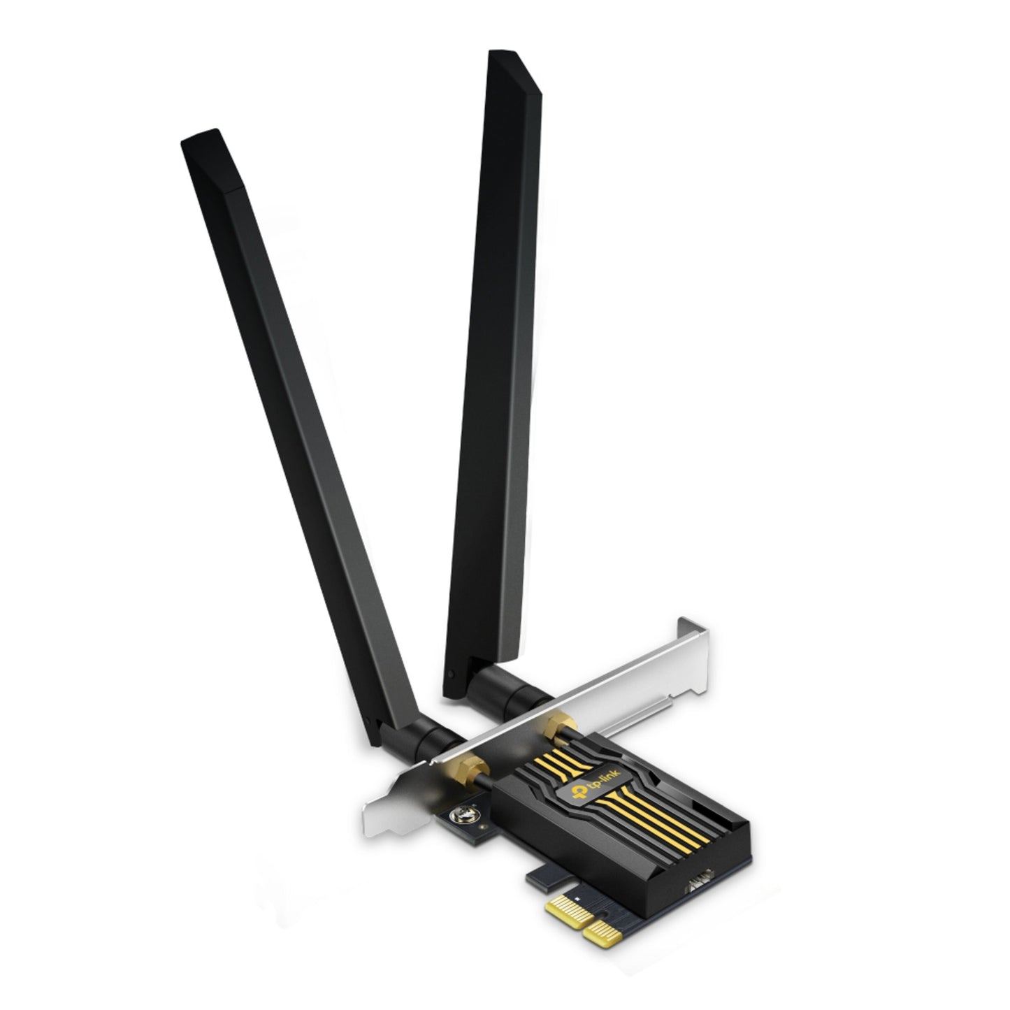 TP-Link Archer TBE400E Wi-Fi 7 PCIe netværkskort sort, tri-band, to vertikale antenner, guld detaljer.