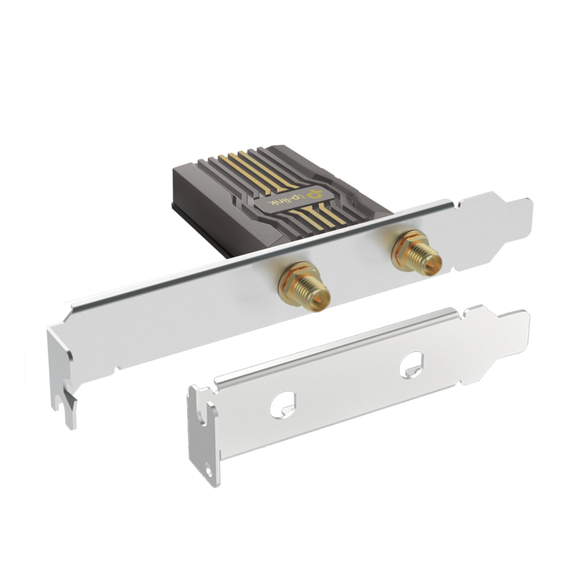 Archer TBE400E Wi-Fi 7 PCI Express netværkskort, sort heatsink, to gyldne coaxial-stik, to sølvfarvede monteringsbeslag.
