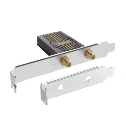 Archer TBE400E Wi-Fi 7 PCI Express netværkskort, sort heatsink, to gyldne coaxial-stik, to sølvfarvede monteringsbeslag.