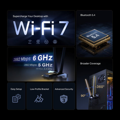 TP-Link Archer TBE400E Wi-Fi 7 PCIe netværkskort op til 2882 Mbps 6/5 GHz Bluetooth 5.4 tri-band WPA3 low-profile bracket.