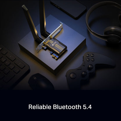 TP-Link Archer TBE400E Wi-Fi 7 PCIe netværkskort sort, tekst: Pålidelig Bluetooth 5.4 og hurtig trådløs forbindelse.