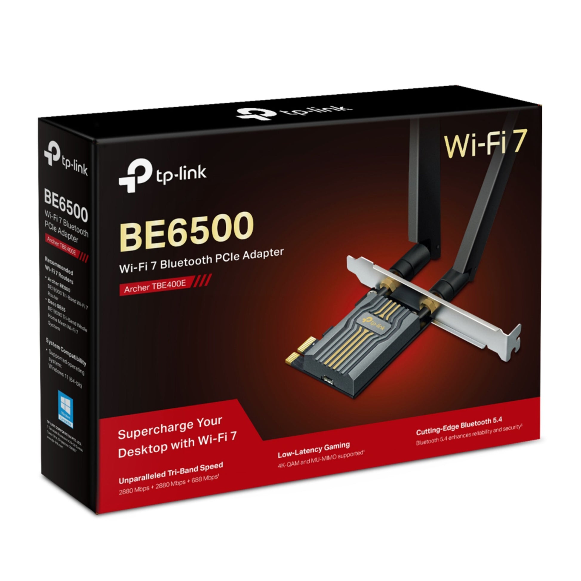 TP-Link Archer TBE400E Wi-Fi 7 PCI Express netværkskort tri-band, Bluetooth 5.4, æske med modelnavn og specs.