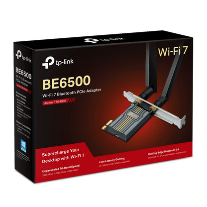 TP-Link Archer TBE400E Wi-Fi 7 PCI Express netværkskort tri-band, Bluetooth 5.4, æske med modelnavn og specs.