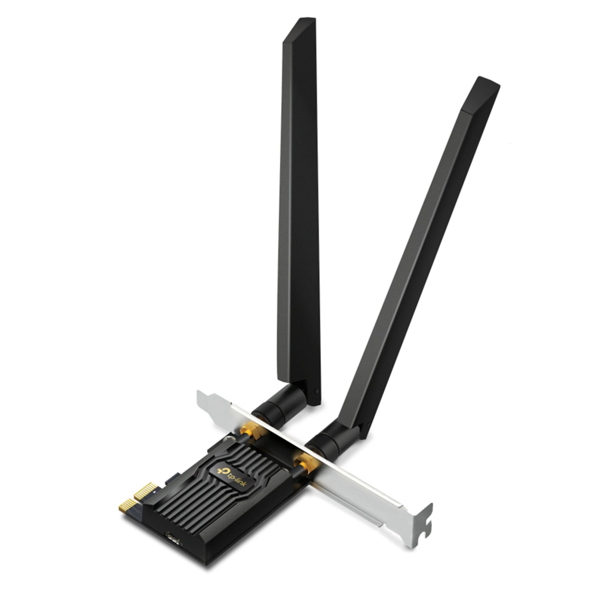 TP-Link Archer TXE72E PCI Express-netværkskort AXE5400 med to aftagelige antenner, metalkonsol og guldfarvet køleplade.
