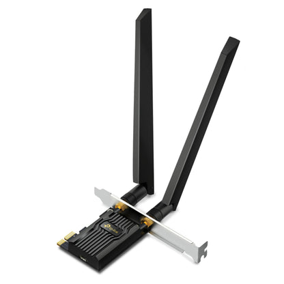 TP-Link Archer TXE72E PCI Express-netværkskort AXE5400 med to aftagelige antenner, metalkonsol og guldfarvet køleplade.