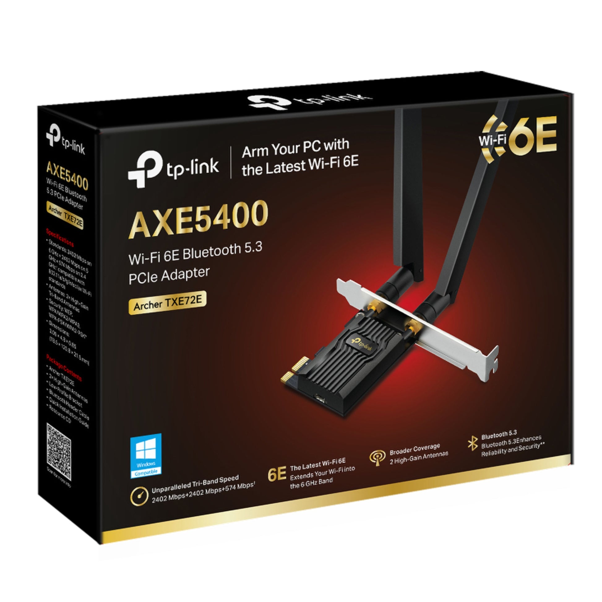 TP-Link Archer TXE72E PCI Express netværkskort AXE5400 sort æske med TP-Link logo, Wi-Fi 6E og Bluetooth 5.3.