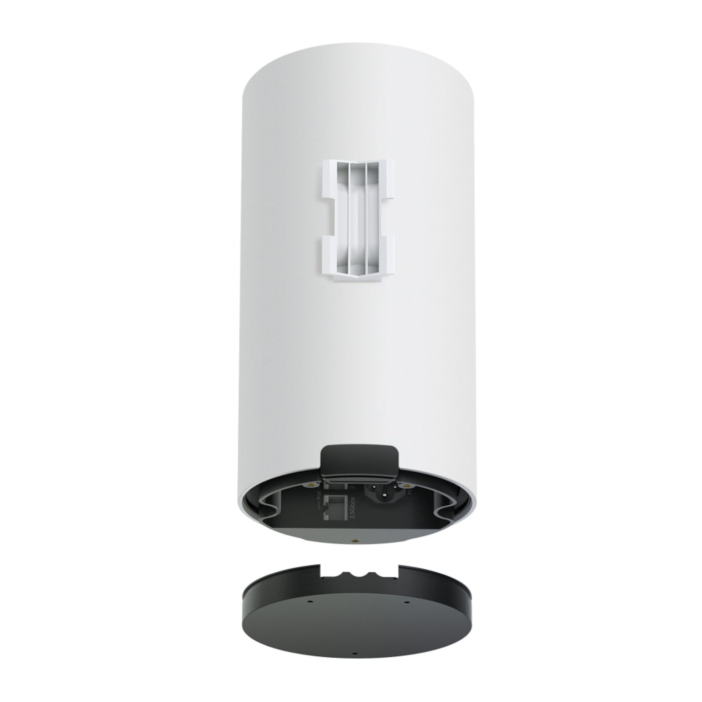 TP-Link Deco BE25 Outdoor Mesh Wifi 7-router BE3600, cylindrisk med sidebeslag og bunden afmonteret, IP65 base synlig.