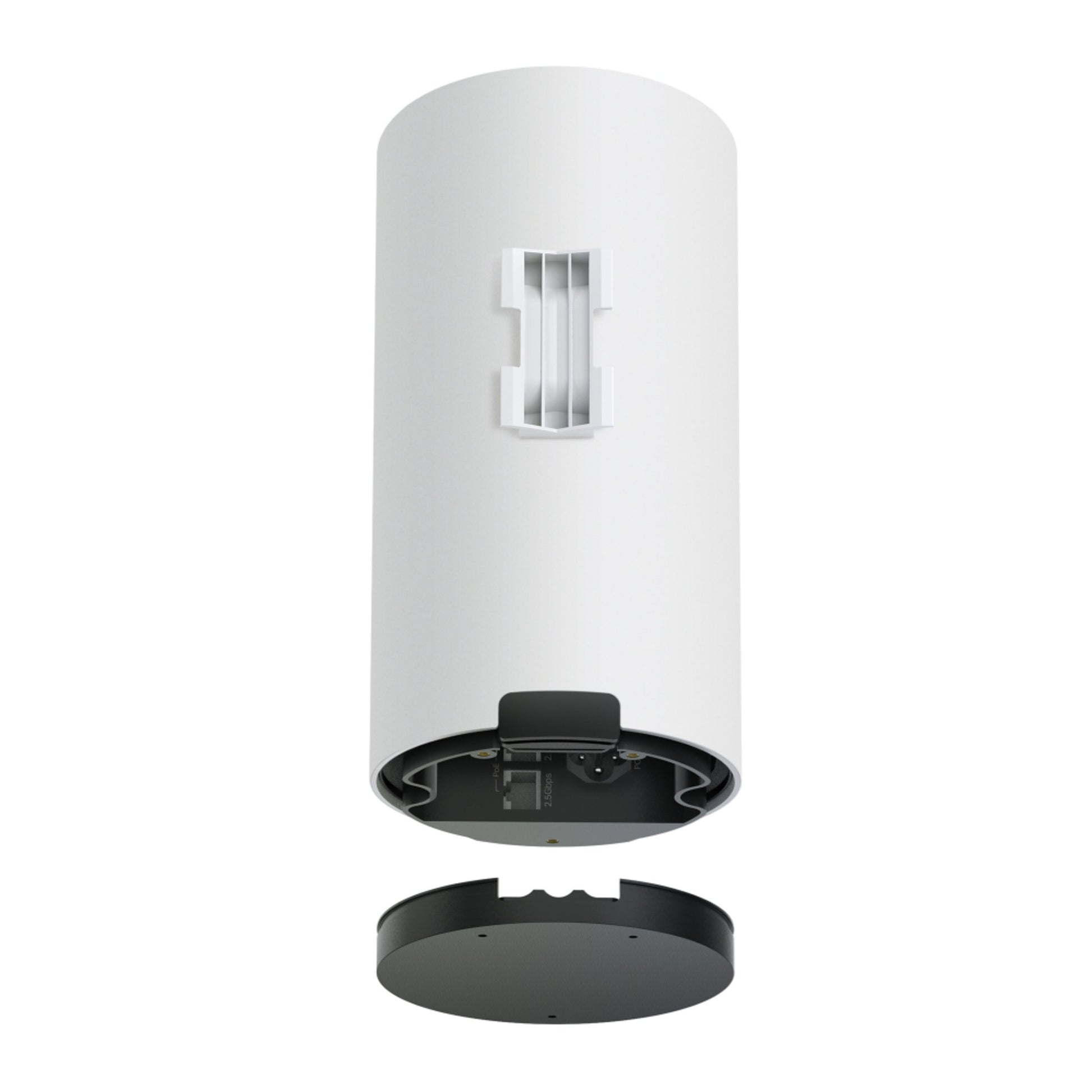 TP-Link Deco BE25 Outdoor Mesh Wifi 7-router BE3600, cylindrisk med sidebeslag og bunden afmonteret, IP65 base synlig.