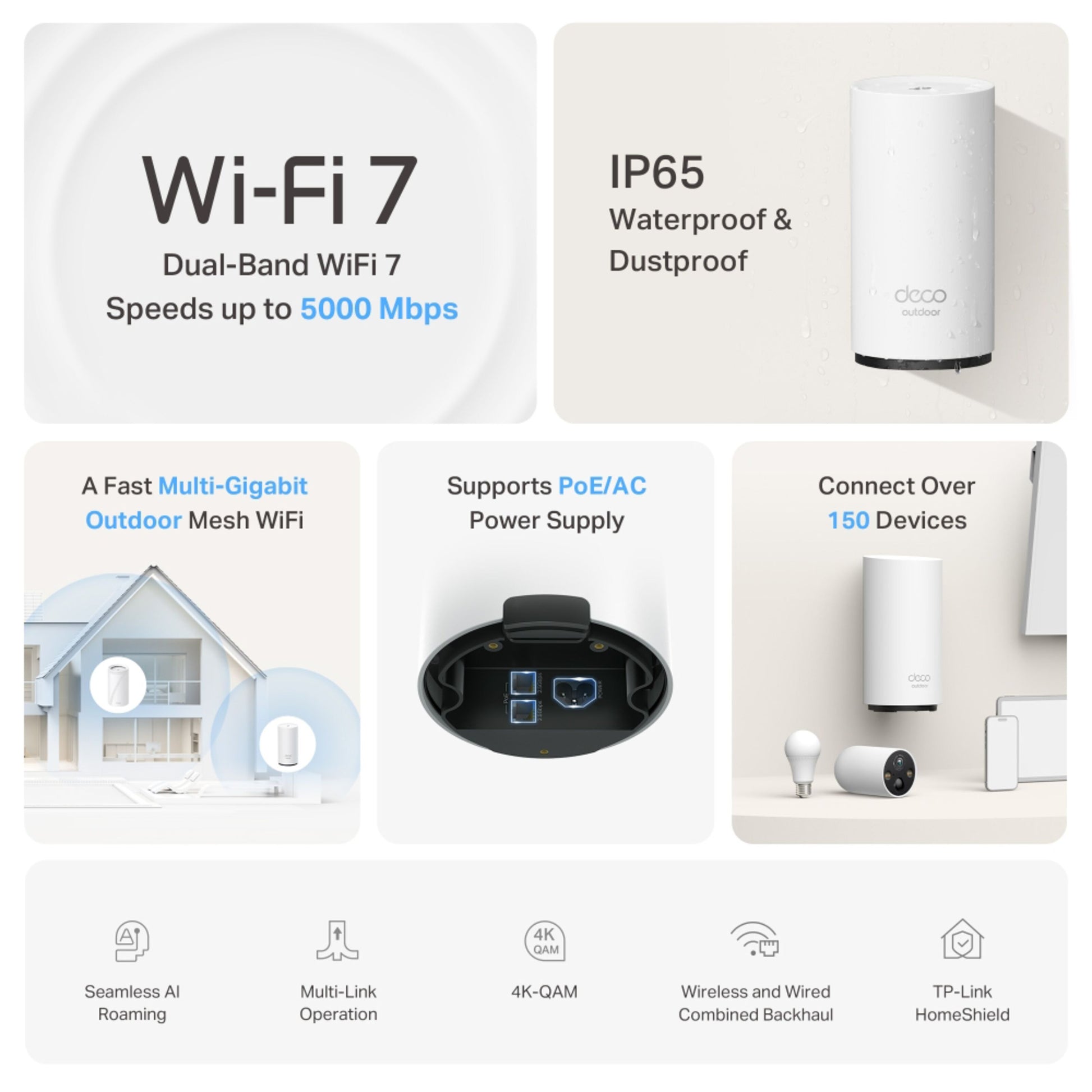 TP-Link Deco BE25 Outdoor Mesh WiFi 7-router BE3600, op til 5000 Mbps, IP65, PoE/AC strøm, understøtter 150+ enheder.