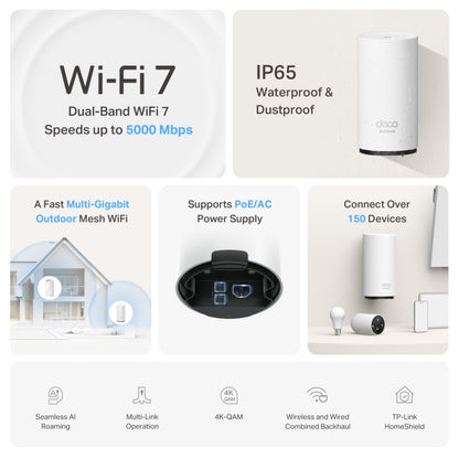TP-Link Deco BE25 Outdoor Mesh WiFi 7-router BE3600, op til 5000 Mbps, IP65, PoE/AC strøm, understøtter 150+ enheder.