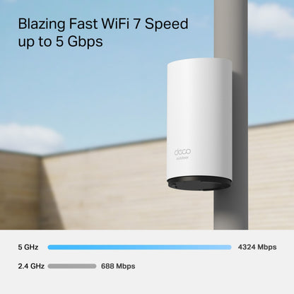 TP-Link Deco BE25 Outdoor Mesh Wifi 7-router BE3600, IP65, mastemonterbar, 4324 Mbps 5 GHz, 688 Mbps 2,4 GHz.