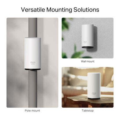 Deco BE25 Outdoor Mesh WiFi 7-router BE3600 med muligheder for montering på stolpe, væg eller bord.
