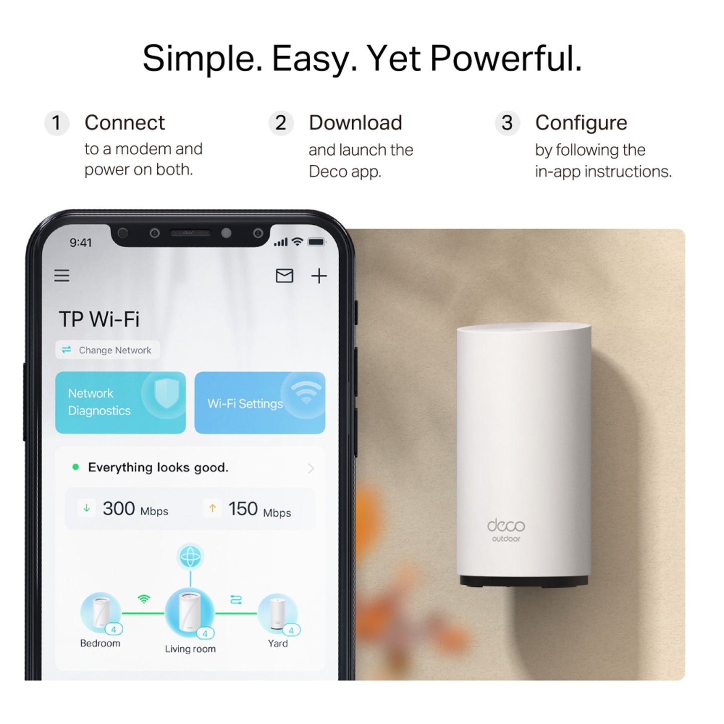 TP-Link Deco BE25 Outdoor Mesh Wifi 7-router BE3600 ved siden af TP-Link Wi-Fi app interface, set med opsætningstrin.