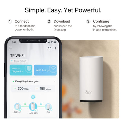 TP-Link Deco BE25 Outdoor Mesh Wifi 7-router BE3600 ved siden af TP-Link Wi-Fi app interface, set med opsætningstrin.
