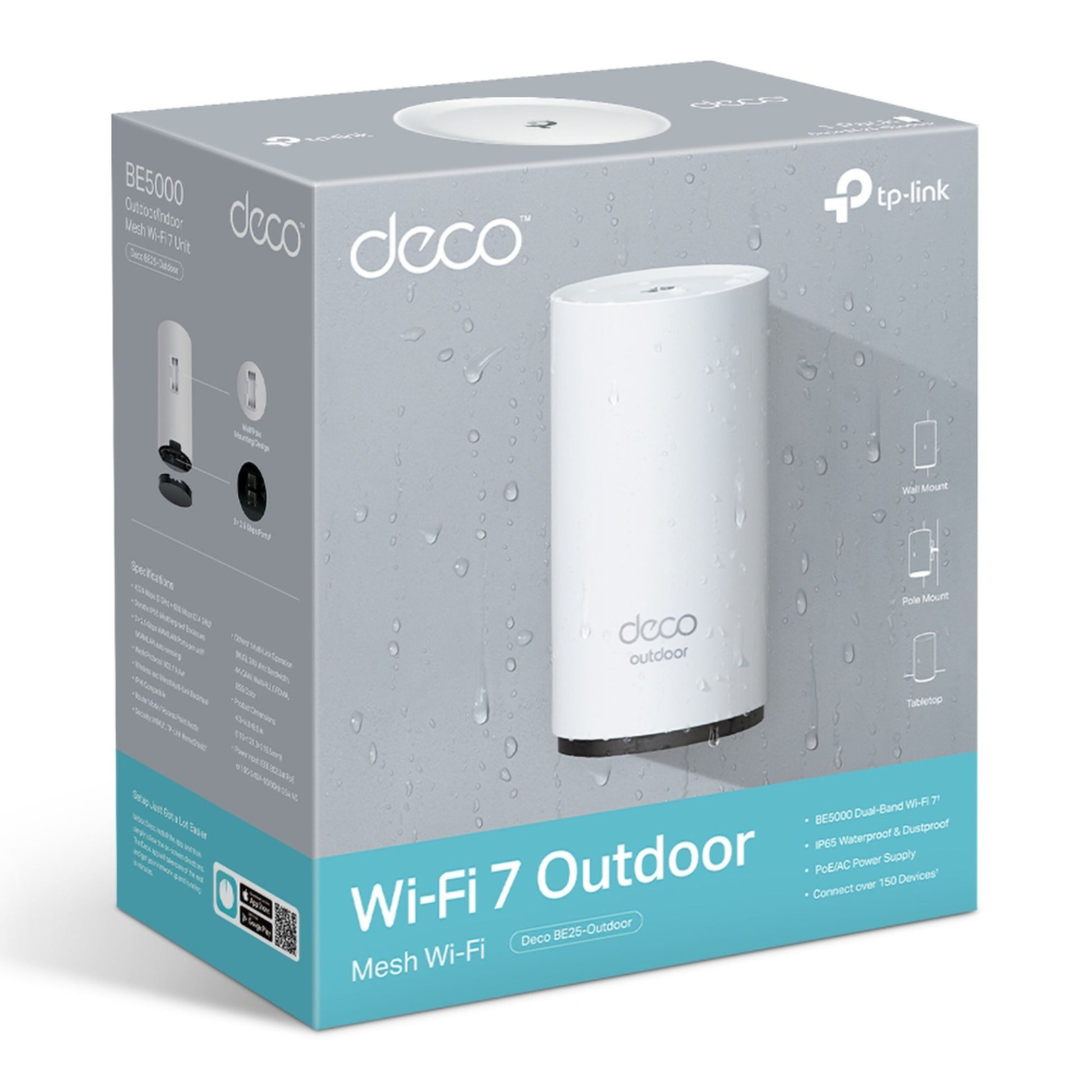 TP-Link Deco BE25 Outdoor Mesh WiFi 7-router BE3600 æske med produktbillede, navn, IP65-ikon og funktionsikoner.