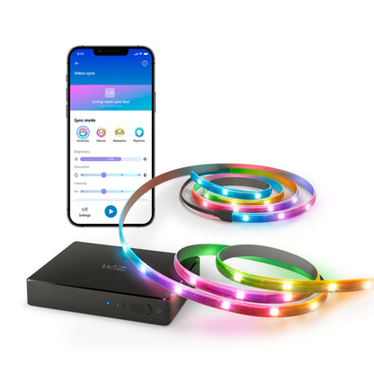 WiZ Sync box startpakke 55"-65" inkl. RGBIC LED-strip med farvet lys, synlig app på smartphone, til smart TV-belysning.