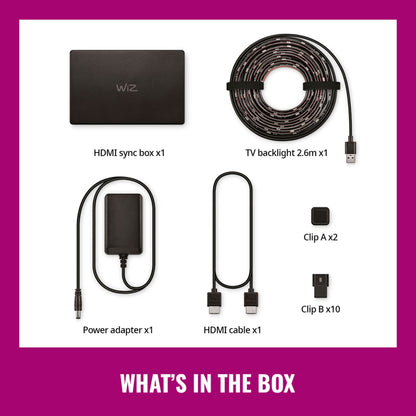 Wiz WiZ Sync box startpakke 55-65", 2,6m RGBIC TV backlight med USB, strømforsyning, HDMI-kabel, clips, "WHATS IN THE BOX"-tekst.