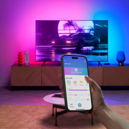 WiZ Sync box startpakke 55"-65" RGBIC TV-bagbelysning synkroniseres via smartphone, neonfarver bag skærm.